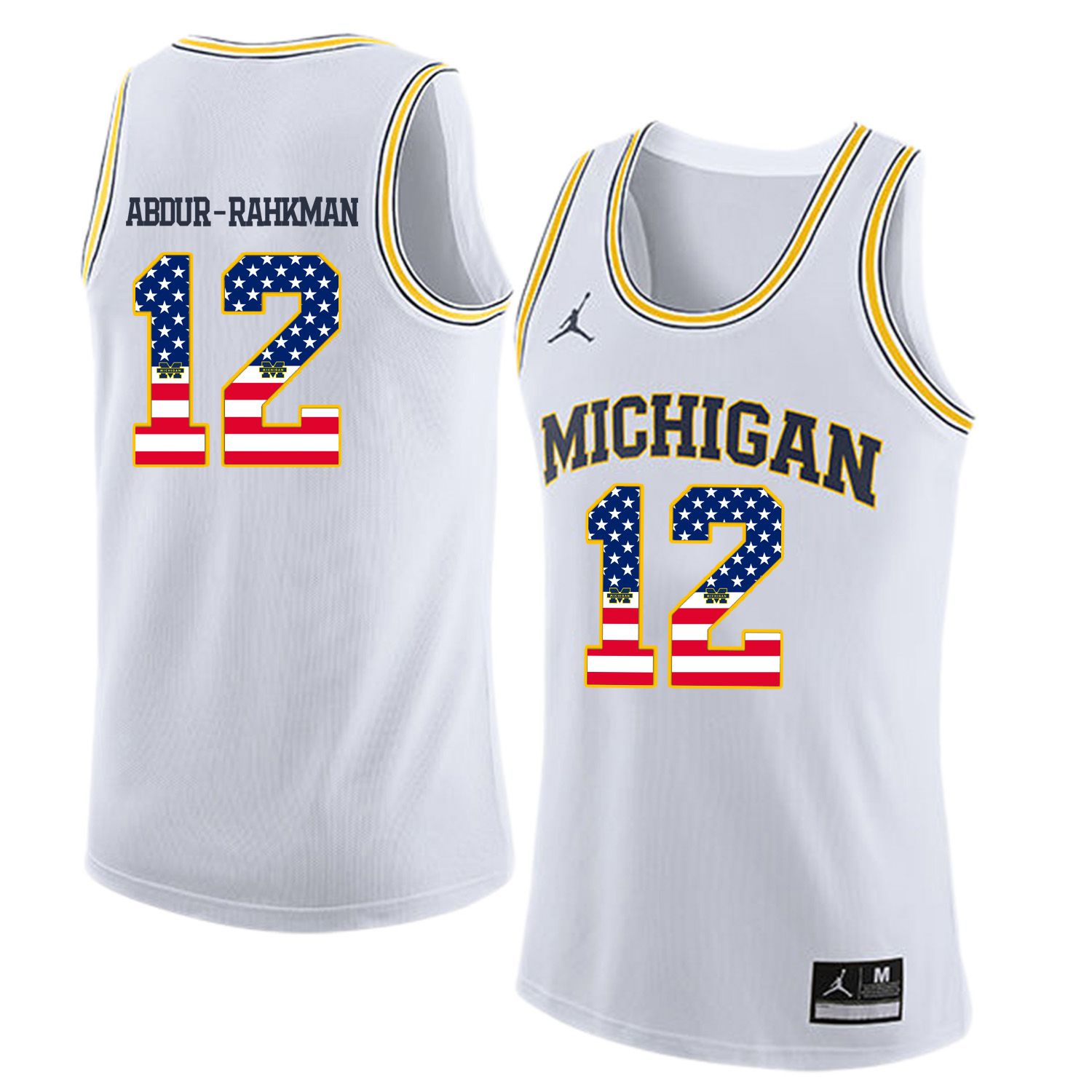 Men Jordan University of Michigan Basketball White #12 Abdur-Rahkman Flag Customized NCAA Jerseys